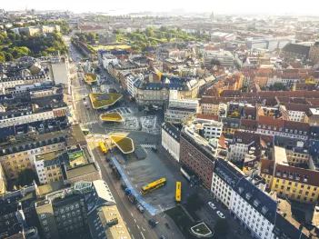 Solar panels on green rooftops of the Nørreport train and public bus station.