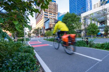 Bicyle on bicyle lane in city.