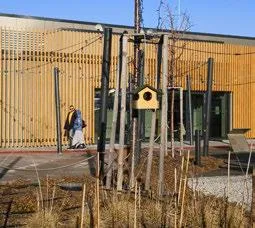 Examples of an insect hotel and bird houses on the green roof of NIVY.