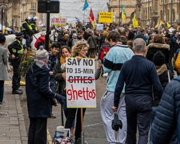 Protest against 15-minute cities in Oxford, England.