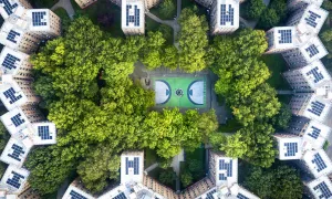 Queens bridge Houses basketball court surrounded by trees and rooftops from the sky