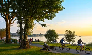 Green space in front of water. A city in the background