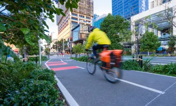 Bicyle on bicyle lane in city.